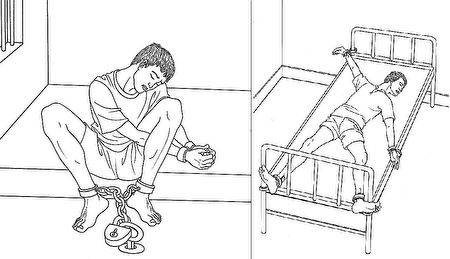 左：長時間的「穿針」酷刑會使人肌肉勞損、手腳浮腫、失眠煩躁、精神異常。（明慧網）右：「燕飛」酷刑更使人大小便無法自理，並發生嚴重的肌肉損傷、疥瘡濕疹等。（明慧網）