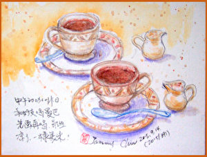水性色铅笔速写 / 餐后热咖啡（图片来源：作者 邱荣蓉 提供）