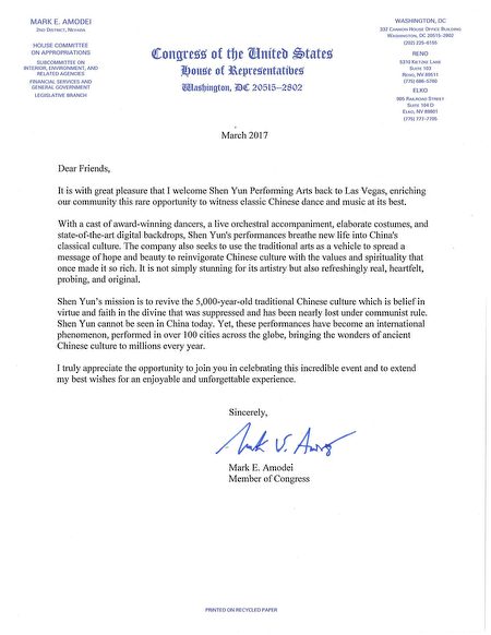内华达州国会众议员马克·E·阿莫德（Mark E. Amodei）的贺信。（大纪元）