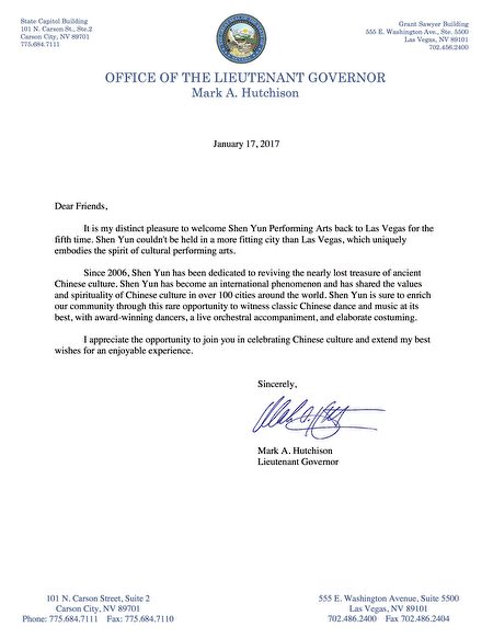 內華達副州長馬克 ·A· 哈奇森（Mark A. Hutchison）的賀信。（大紀元）