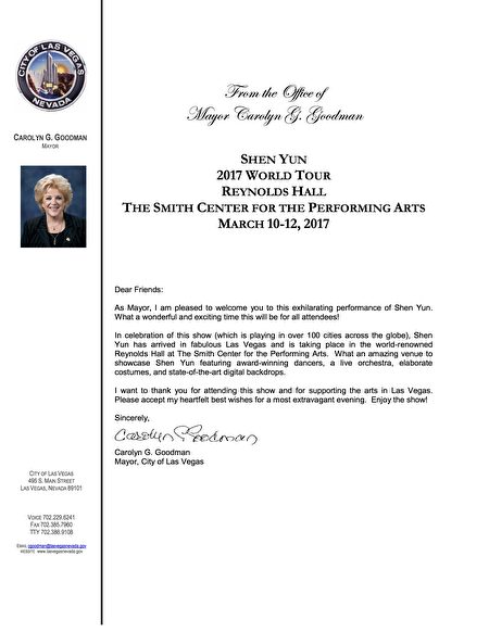 拉斯維加斯市長卡羅琳·G·古德曼（Carolyn G. Goodman）的賀信。（大紀元）
