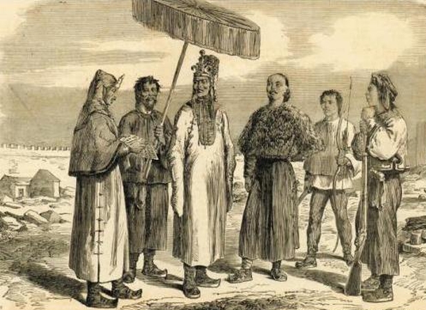 天王洪秀全與隨從在南京城,1864年,法國畫刊《Le Monde Illustré》銅版畫。(公有領域)
