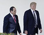 川普（特朗普）周一（4月3日）在白宫会见埃及总统塞西（Abdel Fattah al-Sisi）。(Olivier Douliery-Pool/Getty Images)