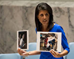 美国驻联合国大使海利（Nikki Haley）周日（9日）向CNN表示，将阿萨德赶下台是美国的首要任务。图为海利5日在安理会会议上，手拿叙利亚化武攻击受害者的照片。 (Drew Angerer/Getty Images)