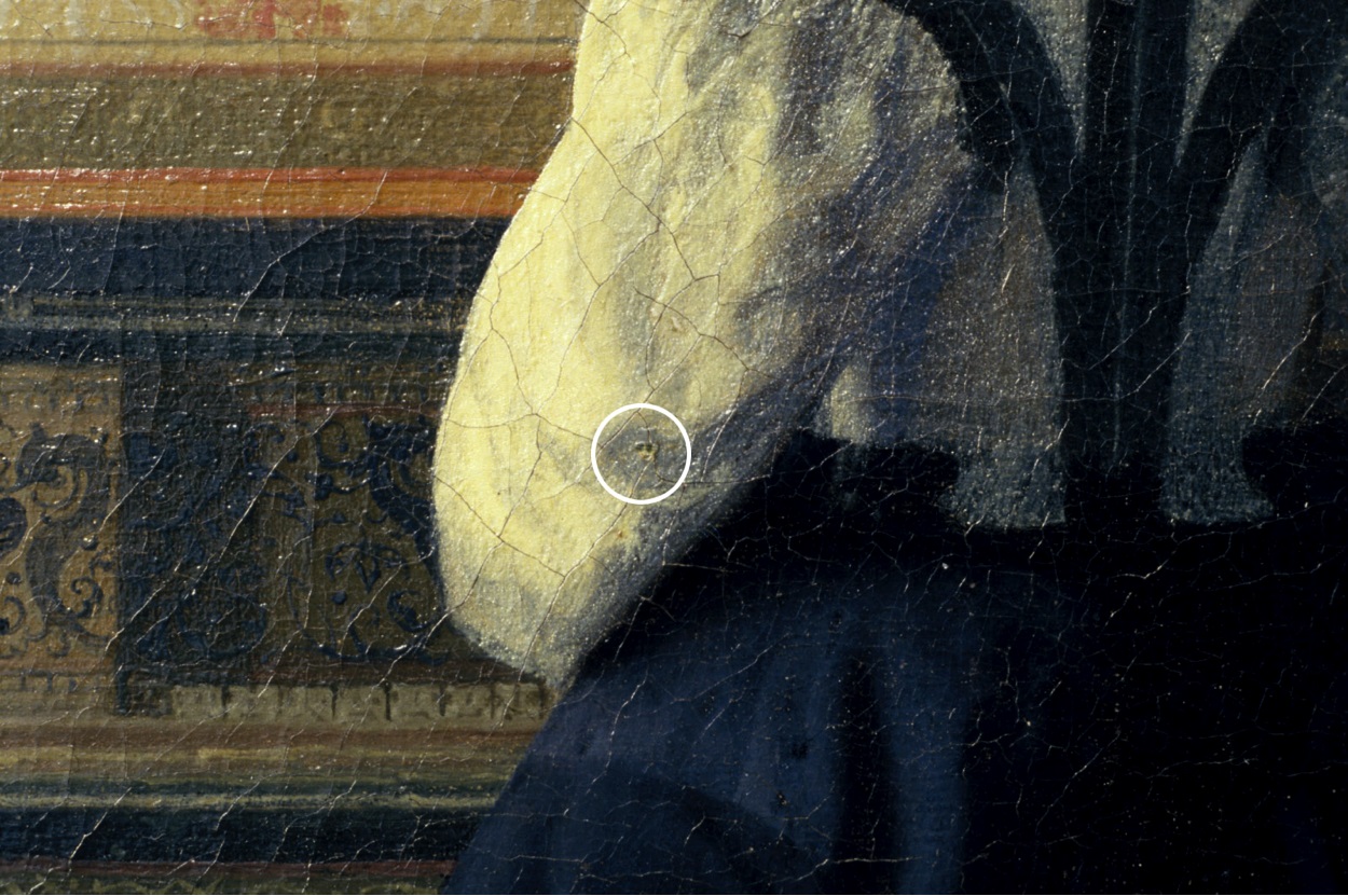 約翰內斯‧維米爾(Johannes Vermeer)畫作《音樂課》(The Music Lesson)局部,作於1662—1664年間,上面的針孔清晰可見。(Courtesy of Jorgen Wadum)