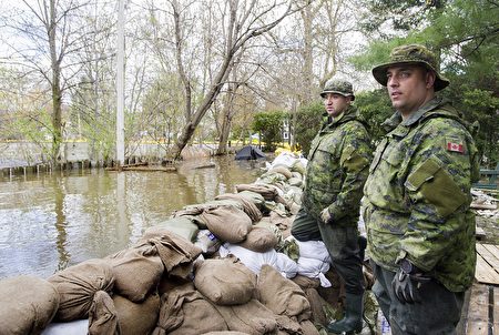 5月7日，加拿大军队救灾人员在蒙特利尔西岛Pierrefonds市街道用沙袋筑起防水坝。（加通社）
