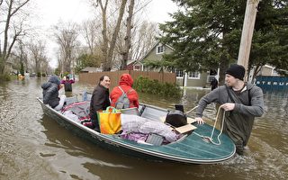 魁北克省遭百年一遇的洪水，圖為5月8日，蒙特利爾北岸Laval的受災居民撤離水淹的居所。（加通社）
