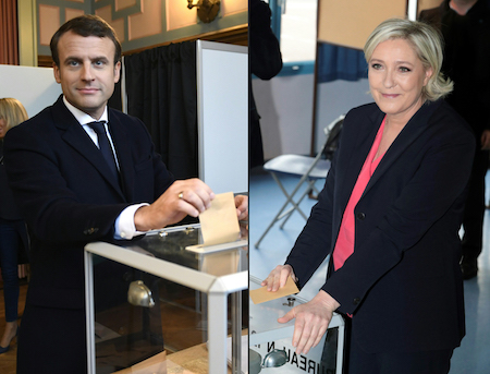周日（5月7日），法国总统大选进行第二轮投票。马克龙（左）和勒庞（右）将一决胜负。图为两人分别投票。(ERIC FEFERBERG,JOEL SAGET/AFP/Getty Images)