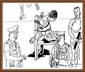 中共監獄酷刑示意圖：捆綁在椅子上（明慧網）