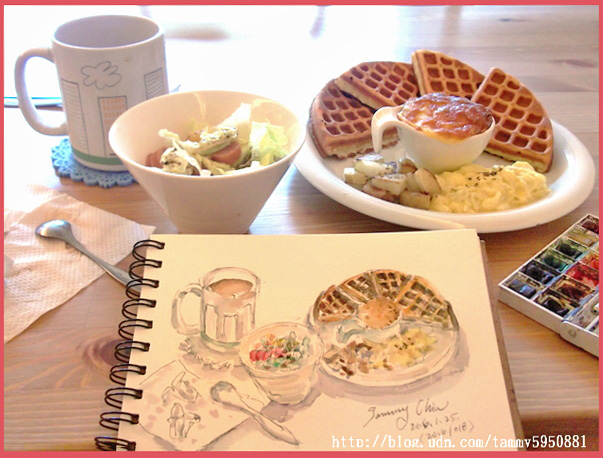 淡彩速写 / 店家的松饼和咖啡(图片来源:作者 邱荣蓉 提供)