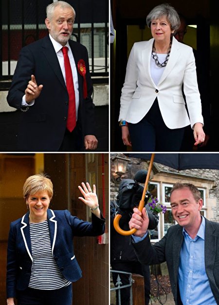 This combination picture created in London shows opposition Labour party leader Jeremy Corbyn (top L) voting in north London, British Prime Minister Theresa May (top R) voting in Maidenhead, SNP leader Nicola Sturgeon (bottom L) after voting in Glasgow and Liberal Democrat leader Tim Farron arriving to vote in Kendal (bottom R) on June 8, 2017 for the general election. Polls opened in Britain today in an election Prime Minister Theresa May had expected to win easily but one that has proved increasingly hard to predict after a campaign shadowed by terrorism. / AFP PHOTO (Photo credit should read DANIEL LEAL-OLIVAS,BEN STANSALL,ANDY BUCHANAN,OLI SCARFF/AFP/Getty Images)