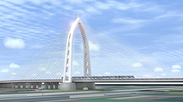 “水湳40M-11号道路与中科东向道路衔接工程”，桥梁规划采斜张桥设计、主塔为A字型，桥索面则为竖琴式与辐射式混合体，风格简洁。（台中市政府提供）