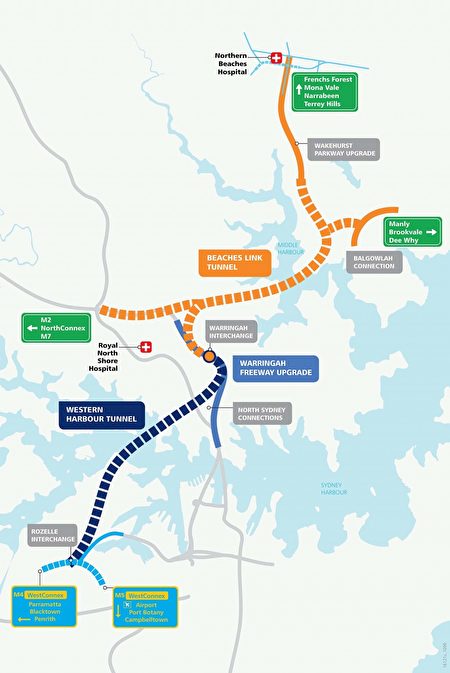据被透露的澳洲新州政府内阁机密文件，拟在悉尼罗泽尔（Rozelle）和北海滩的阿兰姆比高地（Allambie Heights）之间建造的海底隧道项目将耗资140亿元，高于最初估算近一倍。图为悉尼海底隧道路线图。（澳洲新州政府）