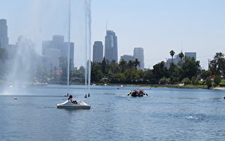 一年一度的莲花节于7月15日、16日在洛杉矶回声公园湖畔举行，喷水、龙舟成为另一个活动亮点。（袁玫／大纪元）