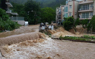 大埔汀角村有汽车被洪水冲落河。（Ivan Wu   ‎Tai Po 大埔 facebook提供）