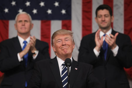 川普总统于今年2月28日晚首次对国会演讲，获得了各界的积极评价。(Jim Lo Scalzo – Pool/Getty Images)