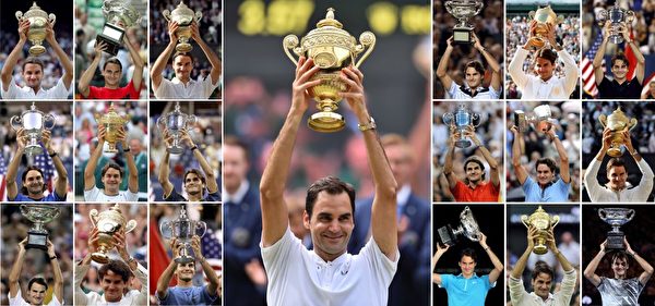 A combination of photographs created in Wimbledon, southwest London on July 16, 2017 shows Switzerlands Roger Federer holding up the trophy for each of his nineteen mens singles grand slam titles: (centre) Wimbledon 2017, (Left hand block of nine from top L-R) Wimbledon 2003, Australian Open 2004, Wimbledon 2004, US Open 2004, Wimbledon 2005, US Open 2005, Australian Open 2006, Wimbledon 2006, US Open 2006, (Right hand block of nine from top L-R) Australian Open 2007, Wimbledon 2007, US Open 2007, US Open 2008, French Open 2009, Wimbledon 2009, Australian Open 2010, Wimbledon 2012, Australian Open 2017. / AFP PHOTO / STF / RESTRICTED TO EDITORIAL USE (Photo credit should read STF/AFP/Getty Images)