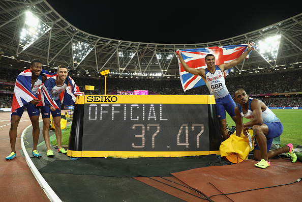 田徑世錦賽上，英國奪得男子4*100米接力冠軍。這是英國首次在田徑世錦賽上奪得團體項目的金牌。(Patrick Smith/Getty Images)