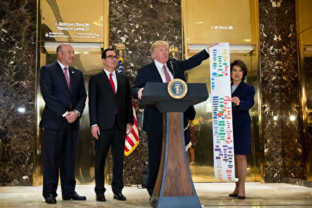 NEW YORK, NY - AUGUST 15: Flanked by (L to R) Director of the National Economic Council Gary Cohn, Treasury Secretary Steve Mnuchin and Transportation Secretary Elaine Chao, President Donald Trump holds up a Federal decision permitting-process flowchart for federally funded highway projects in the United States' while speaking following a meeting on infrastructure at Trump Tower, August 15, 2017 in New York City. He fielded questions from reporters about his comments on the events in Charlottesville, Virginia and white supremacists. (Photo by Drew Angerer/Getty Images)