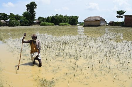 A Nepali man crosses flood waters in Tilathi Village in Saptari District, some 450km southeast of the capital Kathmandu, on August 15, 2017. At least 221 people have died and more than 1.5 million have been displaced by monsoon flooding across India, Nepal and Bangladesh, officials said August 15, as rescuers scoured submerged villages for the missing. At least 81 people have died in the eastern states of Bihar and West Bengal, and northeastern Assam state, over the last few days, a government official told AFP on August 15. / AFP PHOTO / PRAKASH MATHEMA (Photo credit should read PRAKASH MATHEMA/AFP/Getty Images)