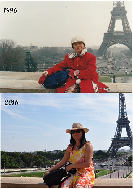 2016年時，作為來法國20年的紀念，亦凡故地重遊，回到20年前拍照的巴黎景點。（亦凡提供） 