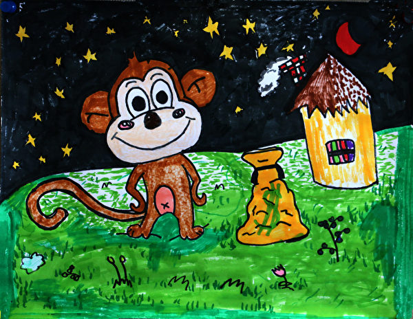 图：明慧学校学生儿童画命题创作《快乐小动物》，作者：卓芷清。（《醉梦画室》提供）