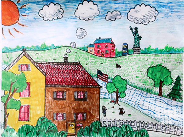 图：明慧学校学生儿童画参赛获奖作品《美丽的美国》，作者：齐格格。（《醉梦画室》提供）