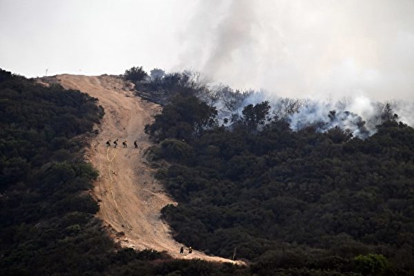 2017年9月2日，加利福尼亚州洛杉矶的消防队员在山上架设水管灭火。山火造成8000公顷土地过火，并摧毁了三座建筑物居民被强制撤离。这是洛杉矶市史上面积最大的山火。（AFP PHOTO / Robyn Beck）