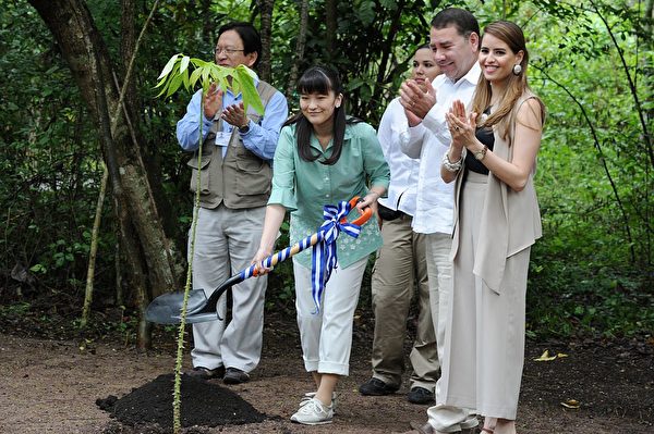 Japanese Princess Mako (C) plants a silk-cotton tree at the Copan archaeological site, 400 km northwest of Tegucigalpa on December 7, 2015. AFP PHOTO / Orlando SIERRA. / AFP / ORLANDO SIERRA (Photo credit should read ORLANDO SIERRA/AFP/Getty Images)