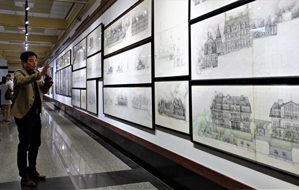 艺术家刘哲扬200多幅手绘设计手稿，包括清境老英格兰、惠中寺、佐登妮丝、乌来温泉饭店等，为艺术展中少见的表现风格。（黄玉燕／大纪元）