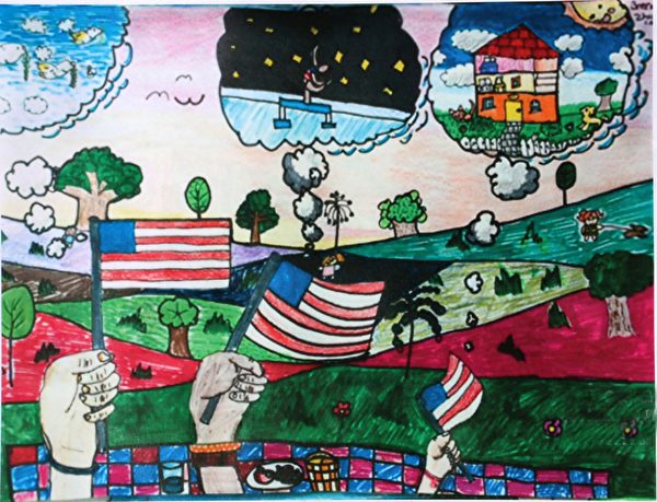 图：明慧学校学生儿童画参赛获奖作品《美丽的美国》，作者：卓芷清。（《醉梦画室》提供）