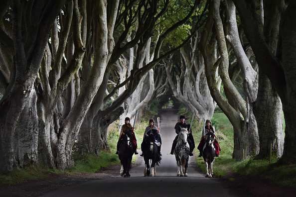 图为四名演员身穿《权力游戏》的戏服骑马从黑暗树篱经过，他们手中拿的是2018年澳大利亚主办的英联邦运动会的火炬。（ Charles McQuillan/Getty Images)