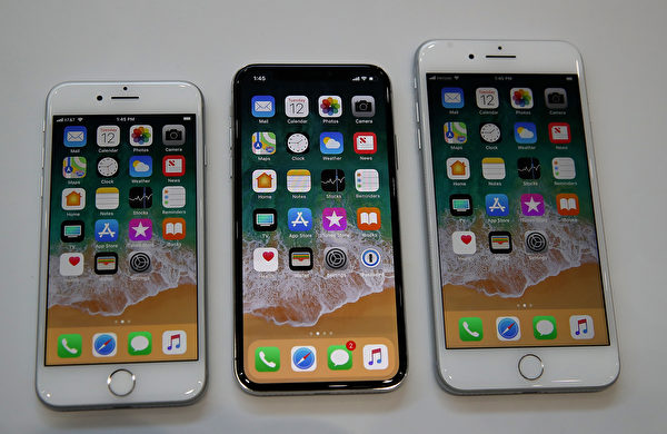 從左到右：iPhone 8，iPhone X，iPhone 8 Plus。(Justin Sullivan/Getty Images)