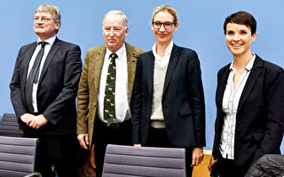 從左到右依次為選項黨主席耶爾格∙默爾騰（Jörg Meuthen）、該黨的候選人高蘭德（Alexander Gauland）和威德爾（Alice Weidel）、黨主席佩特裡（Frauke Petry）。（JOHN MACDOUGALL/AFP/Getty Images）