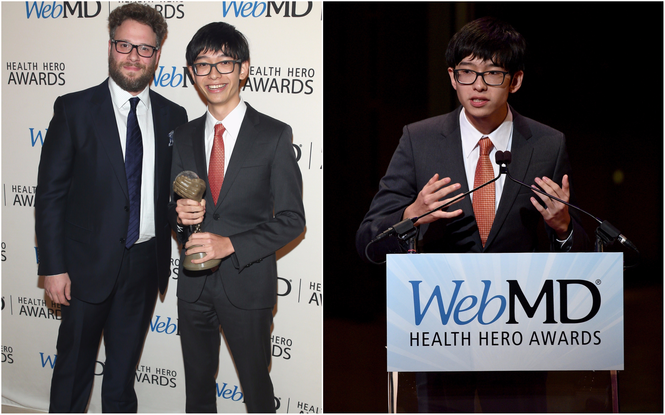 肯尼斯从演员赛斯·罗根(左,Seth Rogen)的手中接下“2015年度健康英雄奖”,发明贡献获肯定。 (Jemal Countess/Getty Images for WebMD/大纪元合成)