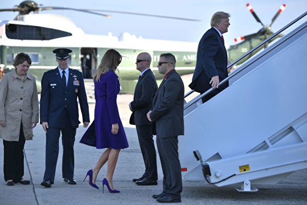 US President Donald Trump and First Lady Melania Trump board Air Force One departing from Andrews Air Force Base, Maryland on November 3, 2017, embarking on a 11-day tour of Asia. / AFP PHOTO / JIM WATSON (Photo credit should read JIM WATSON/AFP/Getty Images)