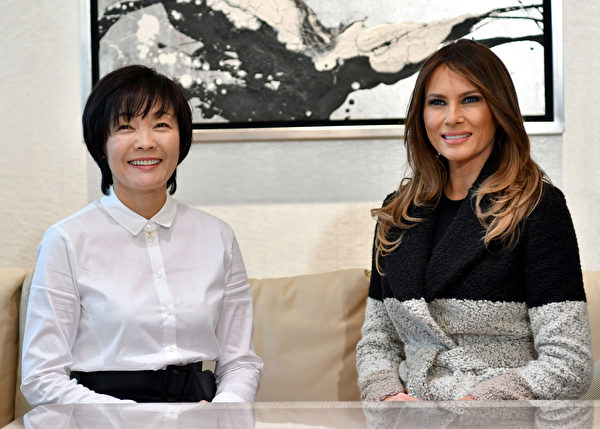 US First Lady Melania Trump (R) and Japanese First Lady Akie Abe (L) visit the Mikimoto Pearl head shop in Ginza district of Tokyo on November 5, 2017. US President Donald Trump touched down in Japan, kicking off the first leg of a high-stakes Asia tour set to be dominated by soaring tensions with nuclear-armed North Korea. / AFP PHOTO / POOL AND AFP PHOTO / KATSUMI KASAHARA (Photo credit should read KATSUMI KASAHARA/AFP/Getty Images)