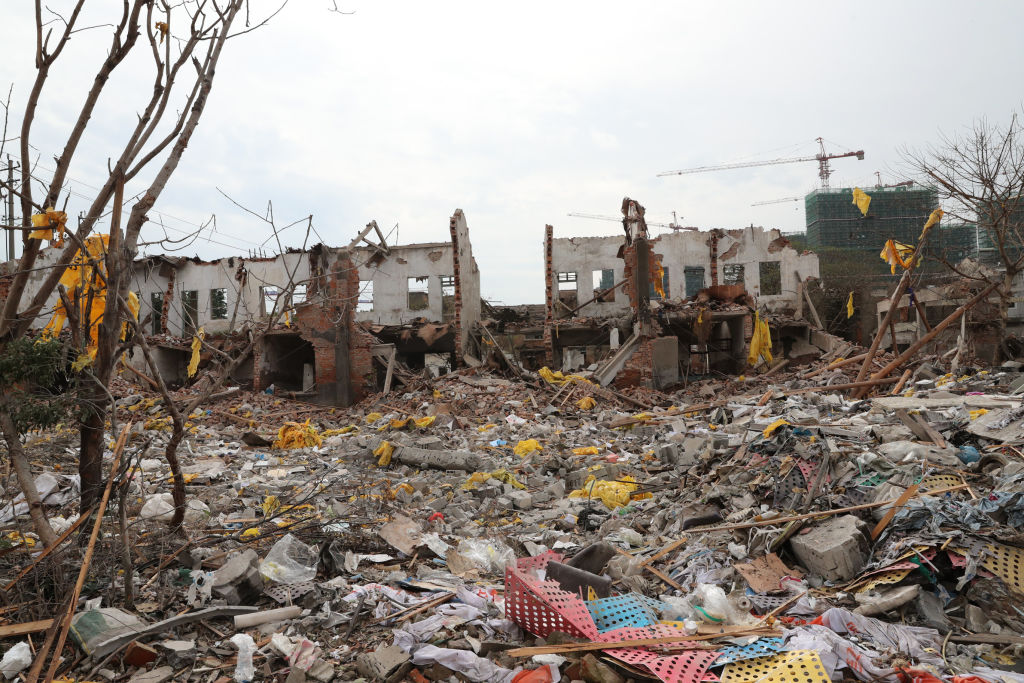 寧波突發爆炸,現場房屋坍塌。(STR/AFP/Getty Images)