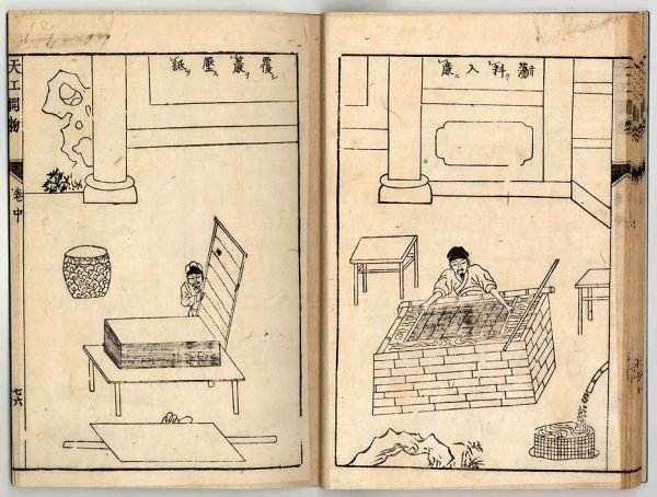 《天工開物》所載中國古代造紙術流程，此圖為蕩料入簾、覆簾壓紙。（公有領域）