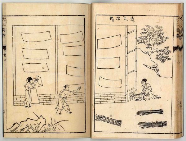 《天工開物》所載中國古代造紙術流程，此圖為透火焙乾。（公有領域）