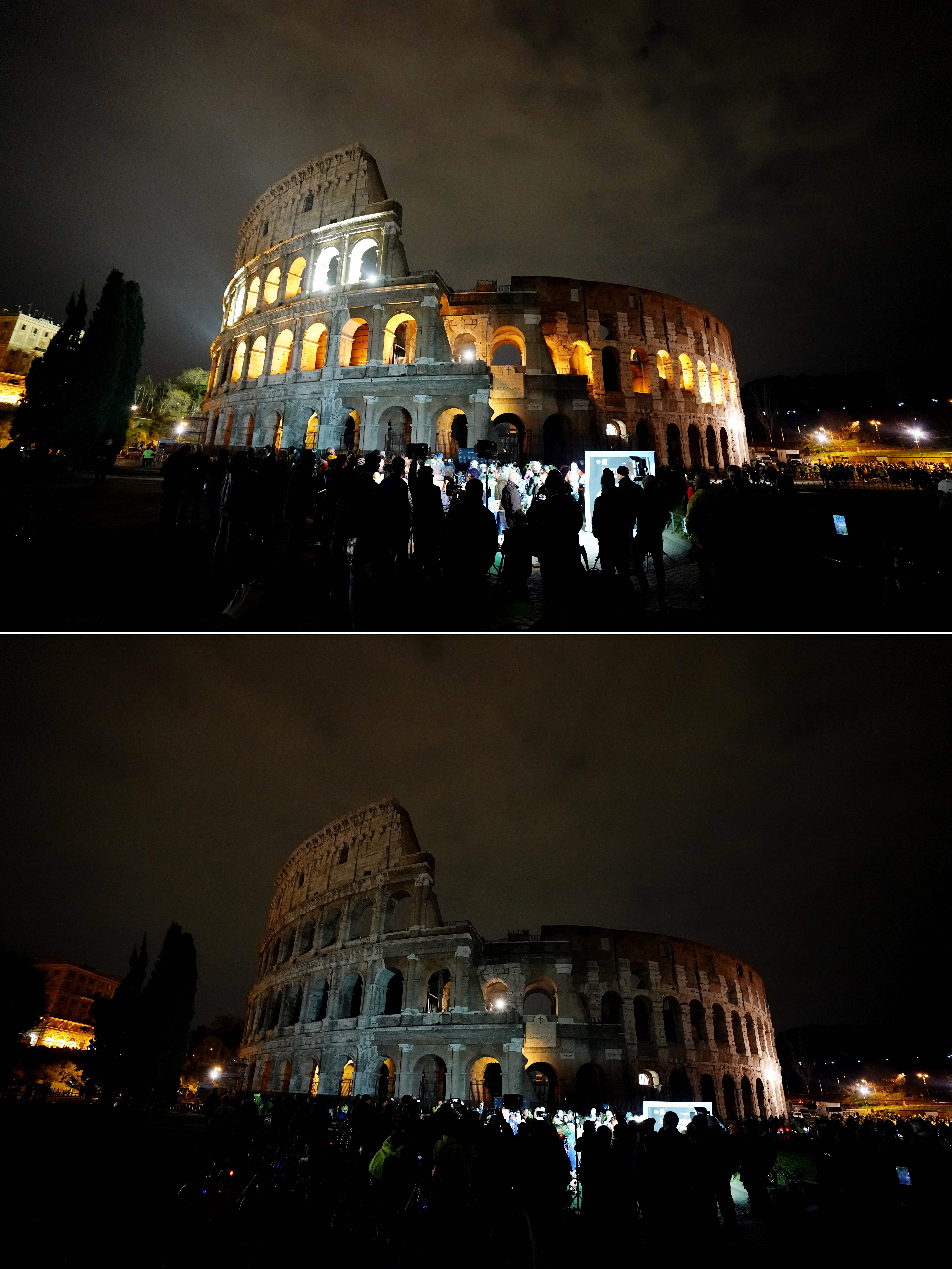 羅馬競技場在3月24日熄燈前後景象。(VINCENZO PINTO/AFP/Getty Images)