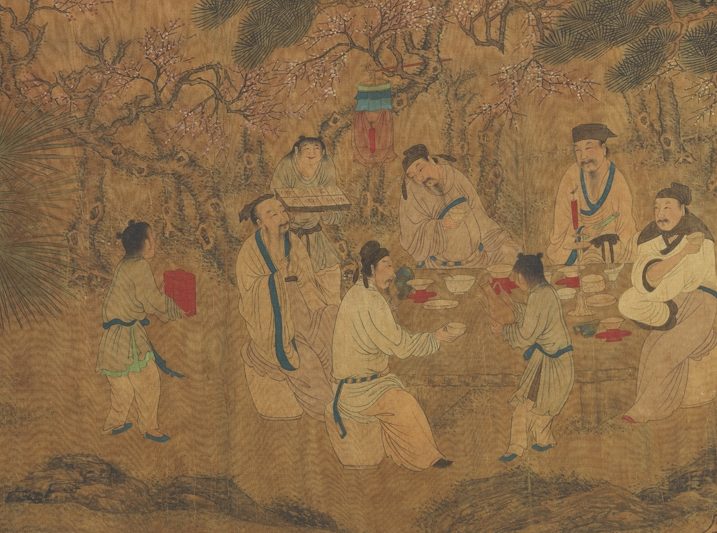 陳騏設宴招待編修郡縣誌的才俊。圖為明仇英《春夜宴桃李園圖》局部。(公有領域)