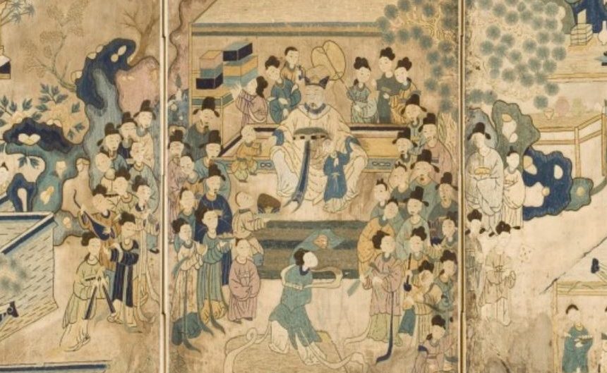 郭子儀(圖中坐著的長者)家中舉辦宴會,子孫齊聚一堂,好不熱鬧。圖為朝鮮王朝(1392─1910)時代繪畫,洛杉磯郡立美術館藏。(公有領域)