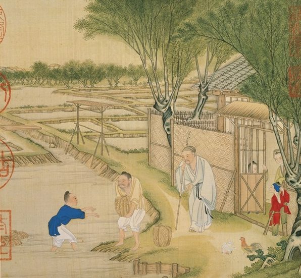 仇覽擔任蒲縣亭長期間,常常勸說百姓從事農牧業。圖為清 冷枚 《耕織圖‧浸種》。(公有領域)