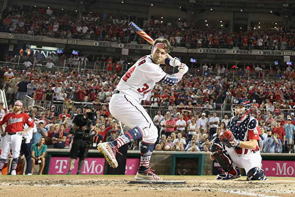 WASHINGTON, DC - JULY 16: Bryce Harper of the Washington Nationals and National League competes during the T-Mobile Home Run Derby at Nationals Park on July 16, 2018 in Washington, DC.