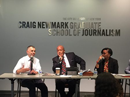 9月27日紐約醫管局新任總裁卡茨（左一）到城市大學和少數族裔媒體見面。