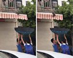 小貓受困遮雨棚 男孩巧用雨傘相救