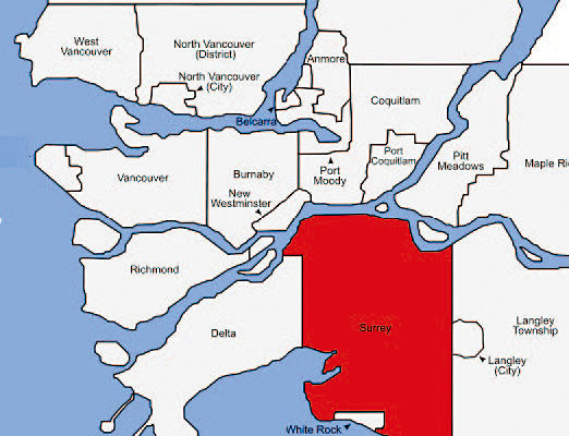 素里市（红色区块）地处大温哥华地区南部。（大纪元制图）