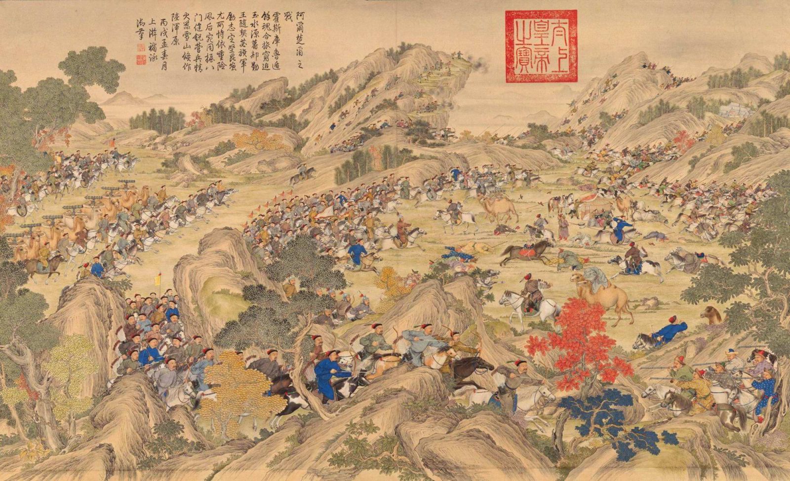葛爾丹擅自稱汗,肆意掠殺,令大漠動盪不安,也引起朝廷不滿。圖為清 丁觀鵬等繪 《平定準部回部得勝圖》之「阿爾楚爾之戰」。(公有領域)