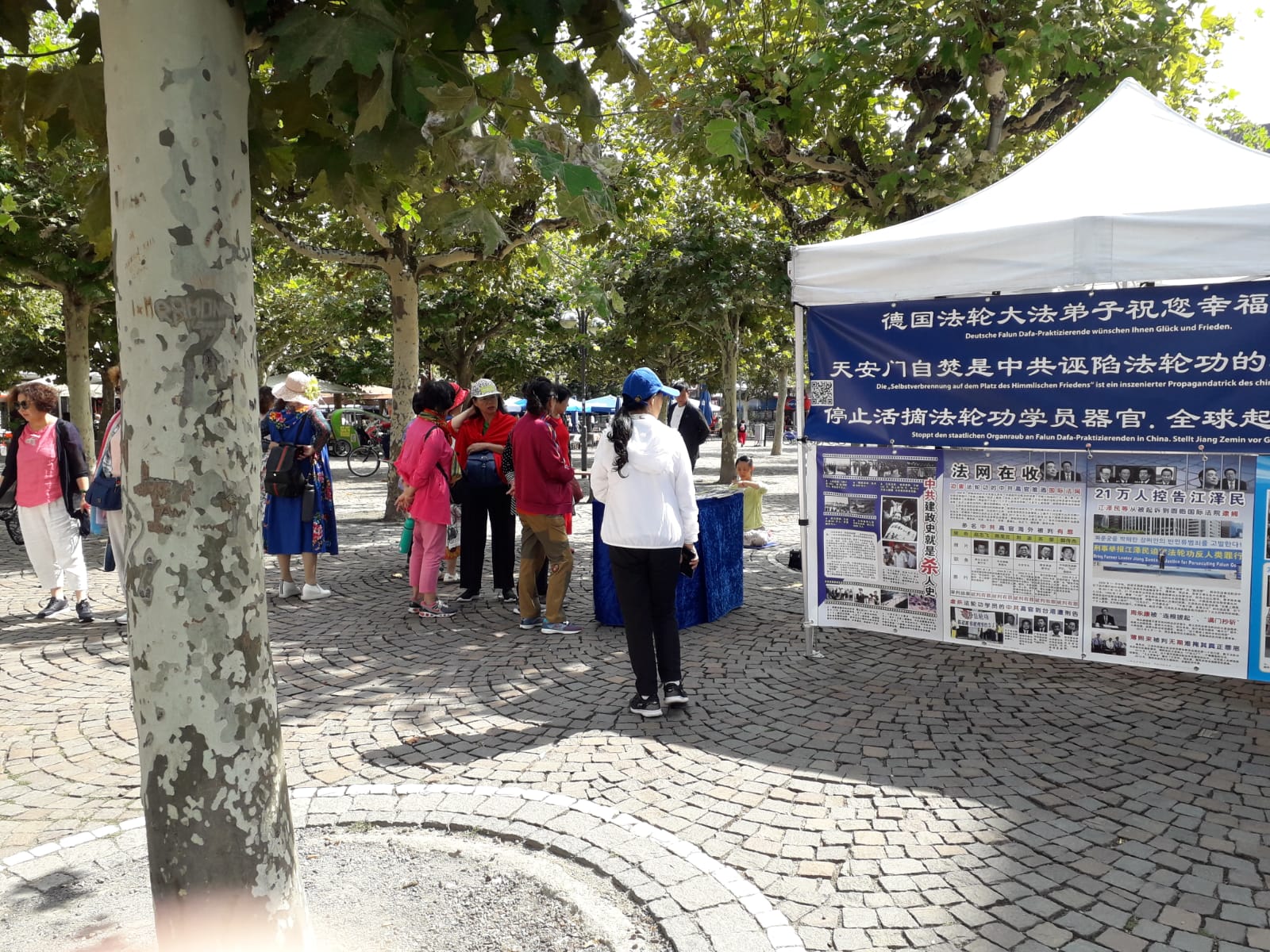 中国游客在保罗广场看真相展板。(法轮功学员提供)